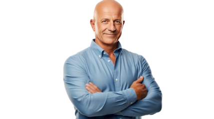 mature bald man smiling at camera isolated on transparent and white background.PNG image.