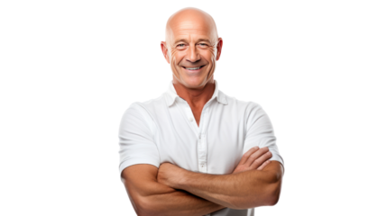 mature bald man smiling at camera isolated on transparent and white background.PNG image.	