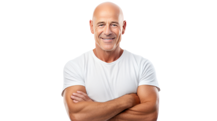 mature bald man smiling at camera isolated on transparent and white background.PNG image.