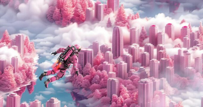 Chill loop animation collage. Man with jetpack flies in  fantastic pink city space. The perfect relax background for music	