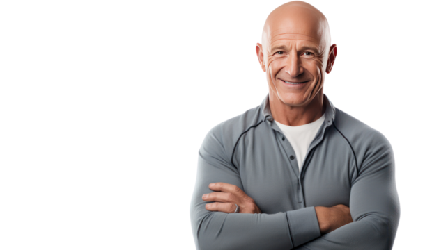 mature bald man smiling at camera isolated on transparent and white background.PNG image.	
