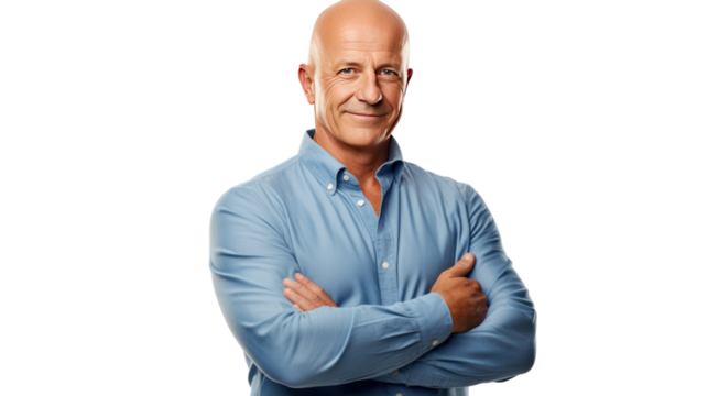 mature bald man smiling at camera isolated on transparent and white background.PNG image.	