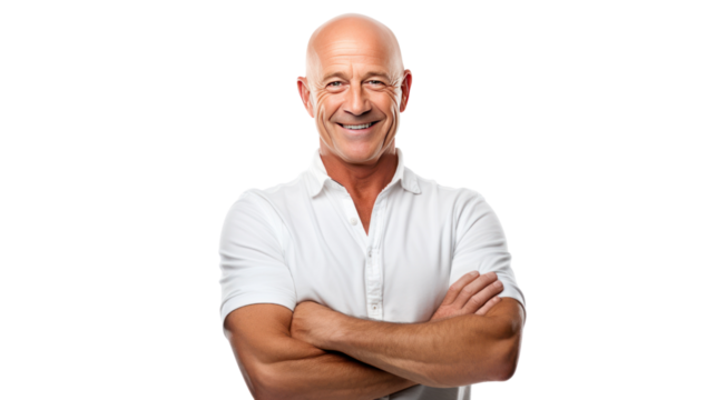 mature bald man smiling at camera isolated on transparent and white background.PNG image.	