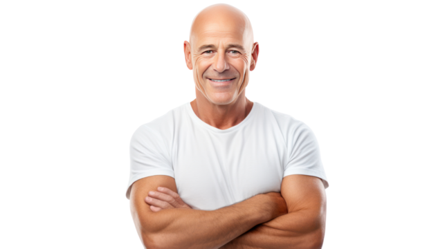 mature bald man smiling at camera isolated on transparent and white background.PNG image.	