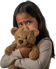 Young Hispanic girl scared clutching plush bear cut out png on transparent background - obrazy, fototapety, plakaty