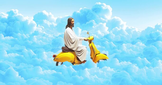 Chill loop animation collage. Jesus rides a scooter somewhere in heaven. The perfect relax background for music	