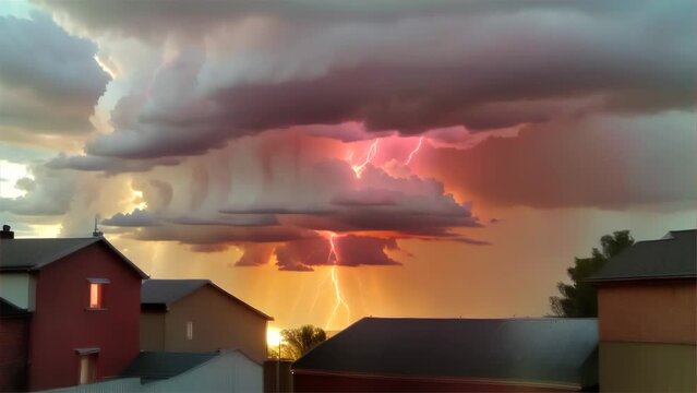 A powerful nature scene depicting a massive cloud formation with multiple lightning strikes illuminating a dusk sky above residential houses.