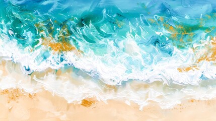 Gentle waves lapping against the shore, their turquoise hues mingling with golden sands, crafting a tranquil coastal scene. - obrazy, fototapety, plakaty