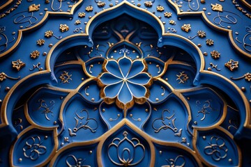 Abstract backrgound, beautiful arabic golden pattern on a dark blue background with arabic pattern and lot of negative space, banner for Arabic american Heritage Month