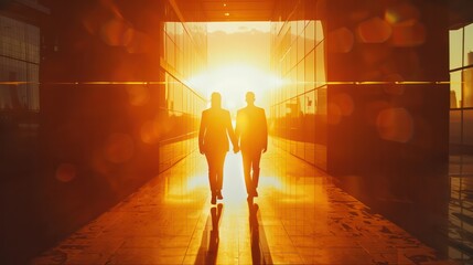Silhouettes of Two People Walking into Sunset in a Modern Building