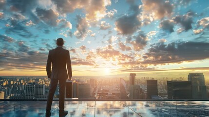 Businessman Overlooking Cityscape at Sunset