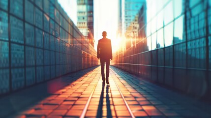 Fototapeta premium Walking into Sunset in Urban Corridor