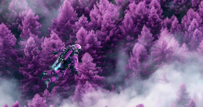 Loop animation collage. Man with jetpack flies in  fantastic purple wild.  The perfect relax background for music	