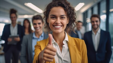 Smiling businesswoman showing thumbs up with colleagues. - obrazy, fototapety, plakaty