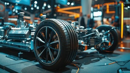 Fototapeta premium Modern Car Chassis and Wheel at Auto Show