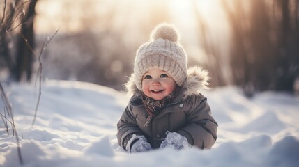 Fototapeta na wymiar Portrait of a little girl in a snowy park. Сhild playing in the winter.