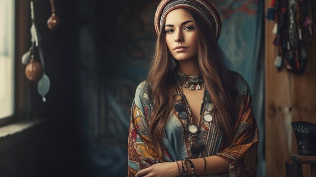 Portrait of a beautiful young woman in boho style clothes.