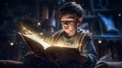 Fototapeta na wymiar Cute little boy reading book at night.