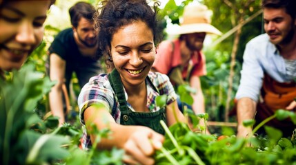 Individuals participating in a community garden project, sharing knowledge and produce, embodying the spirit of sustainability.