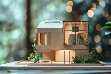 maquette de maison en carton avec petites lumières et végétation, illustration habitation, ia générative - obrazy, fototapety, plakaty