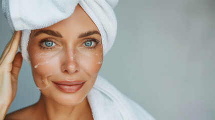 A Middle age woman with a towel wrapped around her head is smiling. She is wearing a white towel and has a tan complexion. Middle age woman with towel on head look at camera, touch her perfect face - obrazy, fototapety, plakaty
