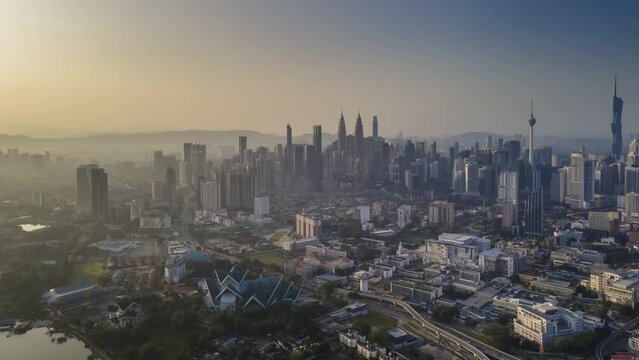 time lapse of aerial view kuala lumpur, malaysia city skyline in 4k