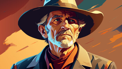 Old man with cowboy hat, portrait old cowboy with expressive look