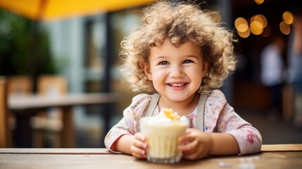 Cute girl eating dessert in a cafe. - 784322457