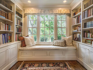 Warm and inviting reading nook with custom built-in bookshelves filled with books and decor.