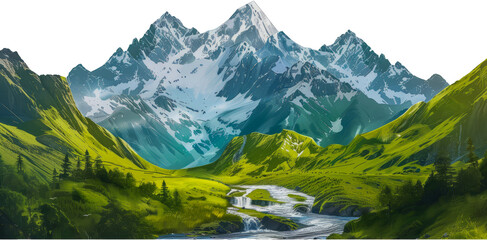 Beautiful mountain peak with green valley and waterfall cut out png on transparent background - obrazy, fototapety, plakaty