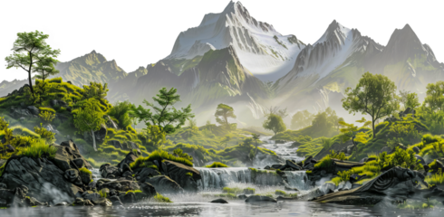 Beautiful mountain peak with green valley and waterfall cut out png on transparent background