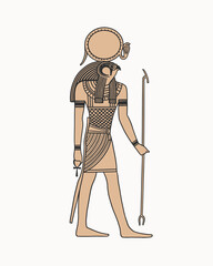 Ancient Egyptian god Ra. Sun God, supreme deity in Ancient Egypt. A deity with the head of a falcon bird and a staff. Mythical character of the ancient world in full growth. - 784322831