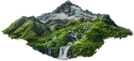 Beautiful mountain peak with green valley and waterfall cut out png on transparent background