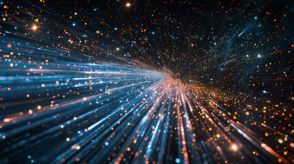 High-speed particles and data transmission in a galactic environment, highlighted against a dark backdrop, evoking a sense of rapid movement and technological advancement - obrazy, fototapety, plakaty