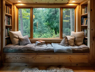 Naklejka premium A warmly lit reading corner with window seat built in under a large picture window.
