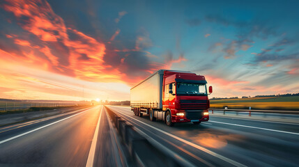 Semi-truck driving on highway under vibrant sunset sky, symbolizing transportation industry and travel.
