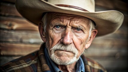Old man with cowboy hat, portrait old cowboy with expressive look - obrazy, fototapety, plakaty