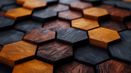 Wooden hexagonal tiles with black and orange hues