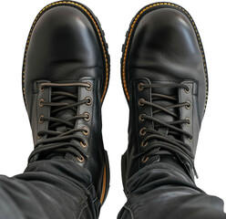 Black leather boots with laces and denim cut out png on transparent background