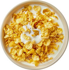 Top view of corn flakes with pouring milk cut out png on transparent background