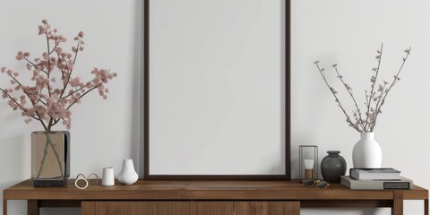 Mock up frame in home interior background, white room with natural wooden furniture, 3d render, 3d...