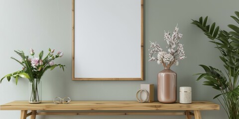 Mock up frame in home interior background, white room with natural wooden furniture, 3d render, 3d illustration