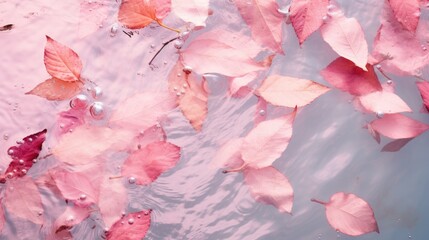 Pink leaves on the surface of the water. Beautiful background with water ripples for product presentation. Summer refreshing background.