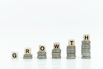 A stack of coins and a stack of wooden blocks with the word "growth" written on them.