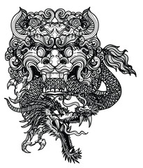 Tattoo art chinese lion holding a dragon hand drawing sketch black and white