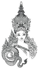 Tattoo art thai lady in literature wearing a giant head drawing and sketch
