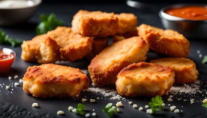 Semifinished chicken nuggets from chicken fillet on a dark background . Quick cooking at home. Fast food. Breaded chicken nuggets. Breaded Chicken Inner Fillet.
