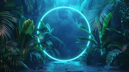 Blue and Green Neon Light with Tropical Plants. A fluorescent frame in the form of a circle in a natural setting.