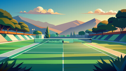 Large tennis court close-up, minimalistic photo of the training ground.Tennis court close-up: minimalism in bright colors.Tennis practice court: digital photography.The bright lines of the tennis