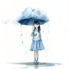 Illustration of girl with cloud umbrella and rainy.